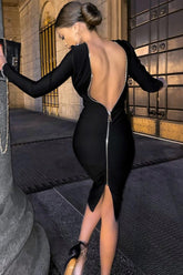 Robe de cocktail mi-longue à manches longues et décolleté plongeant avec fermeture éclair dans le dos - Noir
